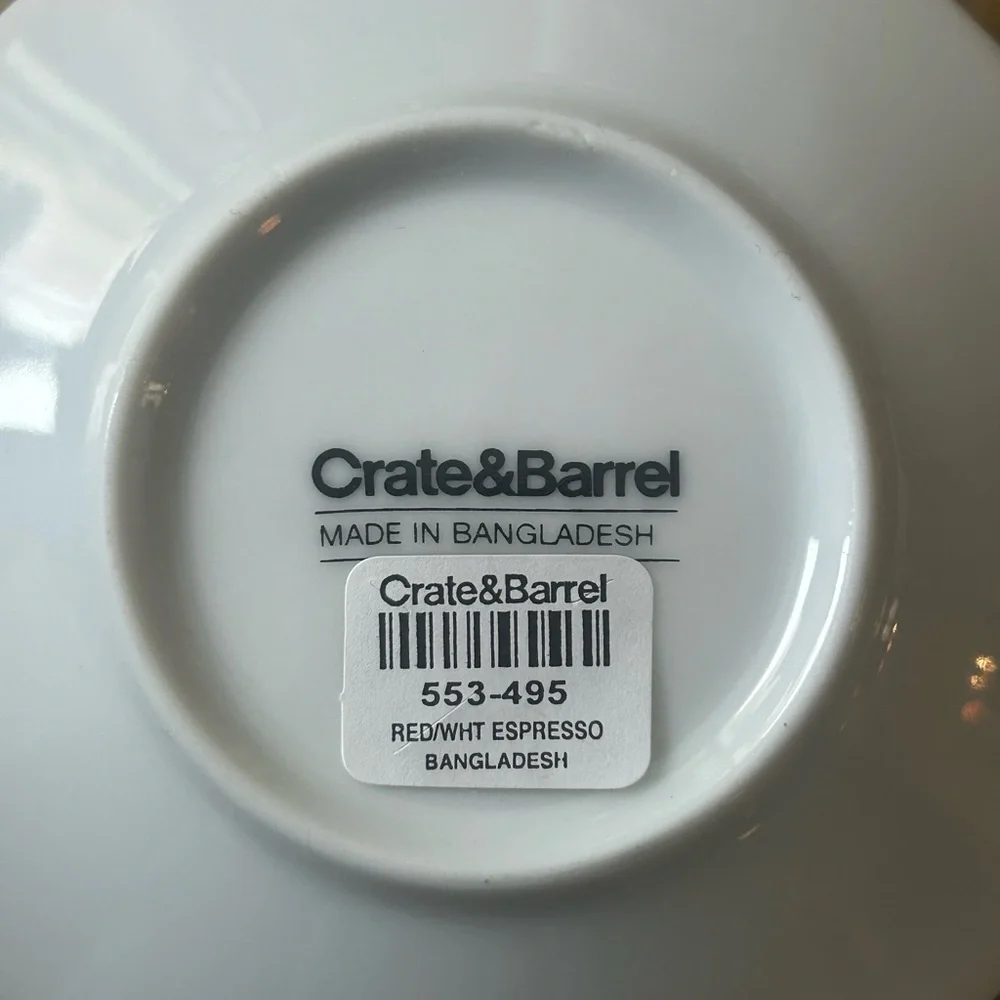 Crate&Barrel Red and White Striped Espresso Cup and Saucer Set